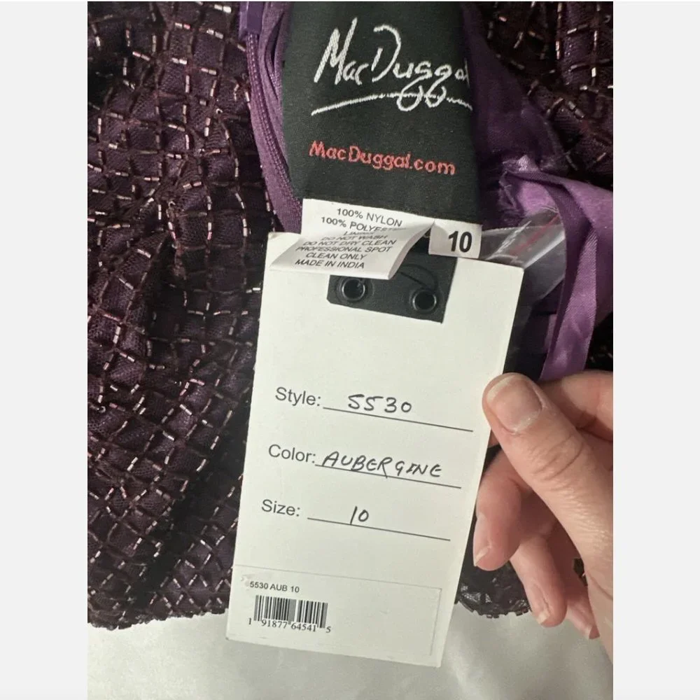 NEW $398 Mac Duggal [ 10‎ ] Bugle Beaded Long Sleeve Midi Dress Abergine #Q487 - Picture 15 of 15